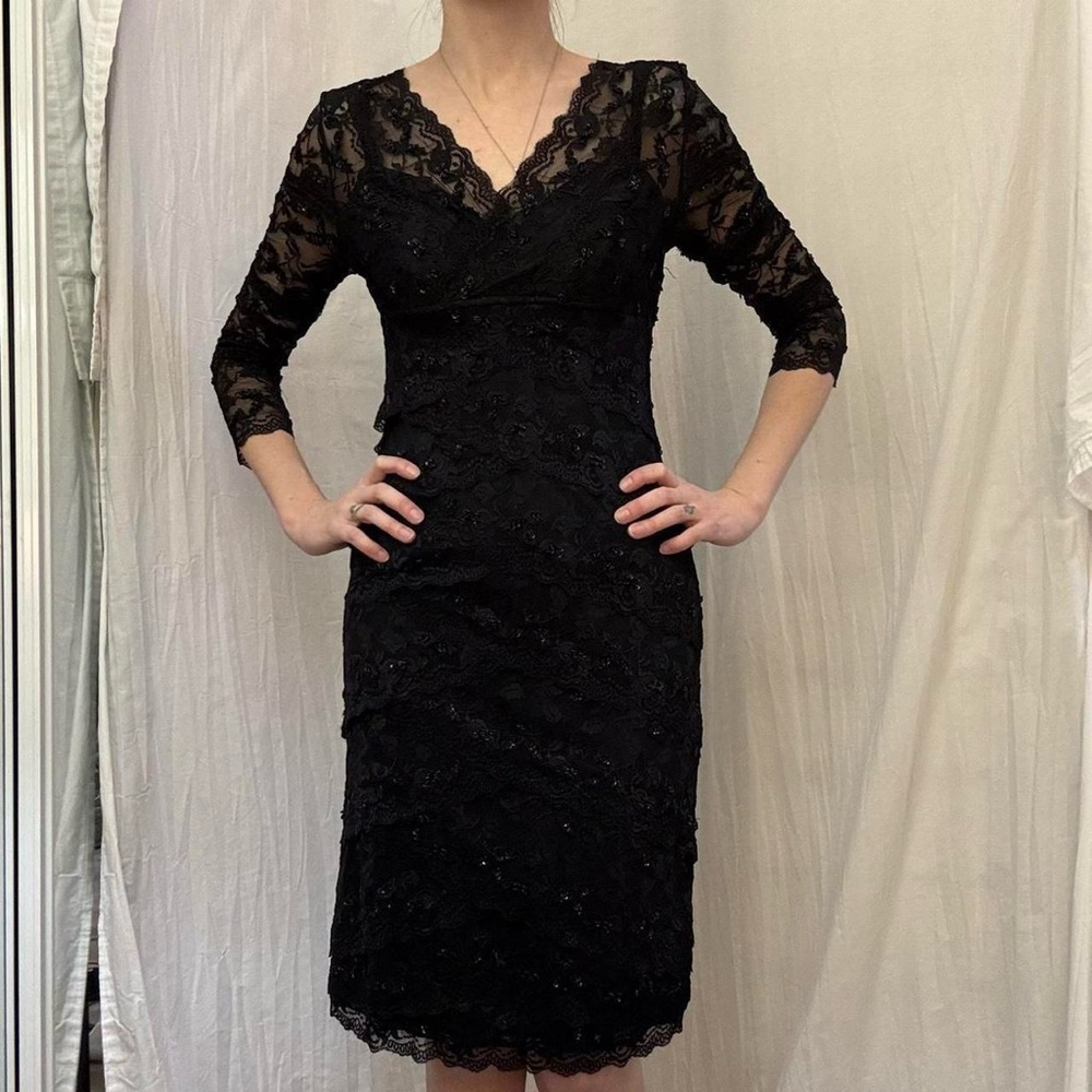 Black Beaded and Lace 3/4 Sleeve Dress with V-Neck Goth‎ Victorian Mortician Y2K
